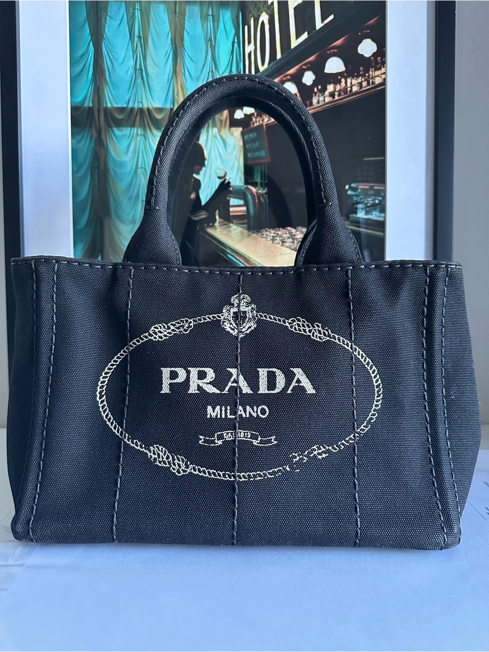 PRADA Black Canapa Logo Canvas Small Tote Bag Gold Hardware